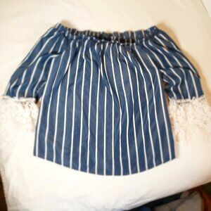 Unique Spectrum Womens Blouse Blue w/ Stripes & Lace-Trimmed Quarter Sleeves